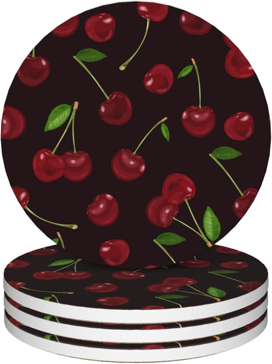 Coasters for Drinks,Red Cherry Cute Absorbent Coaster Set of 4 with Cork Base,Ceramic Drink Coasters for Cold Drinks Wine Glasses Cups Mugs,Housewarming Gifts for Home Decor