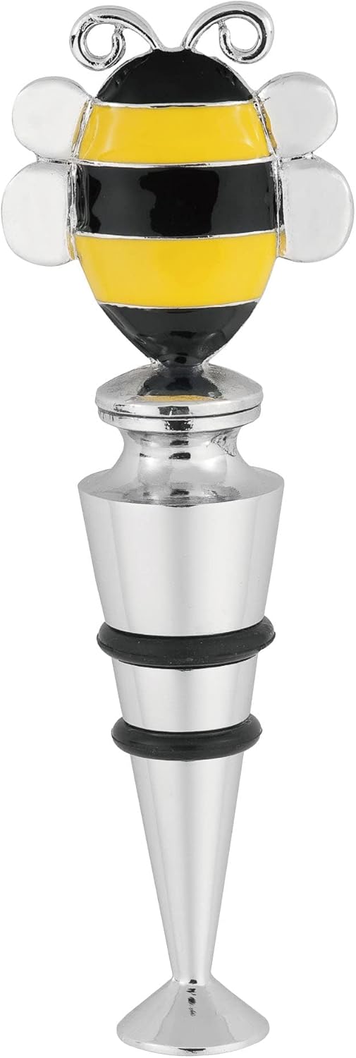 Supreme Housewares Bee-Shaped Zinc Alloy Wine Bottle Stopper - Reusable Beverage Preserver for Wine, Champagne, and Sparkling Drinks - Silver, Yellow and Black, 4.25 Inch Tall