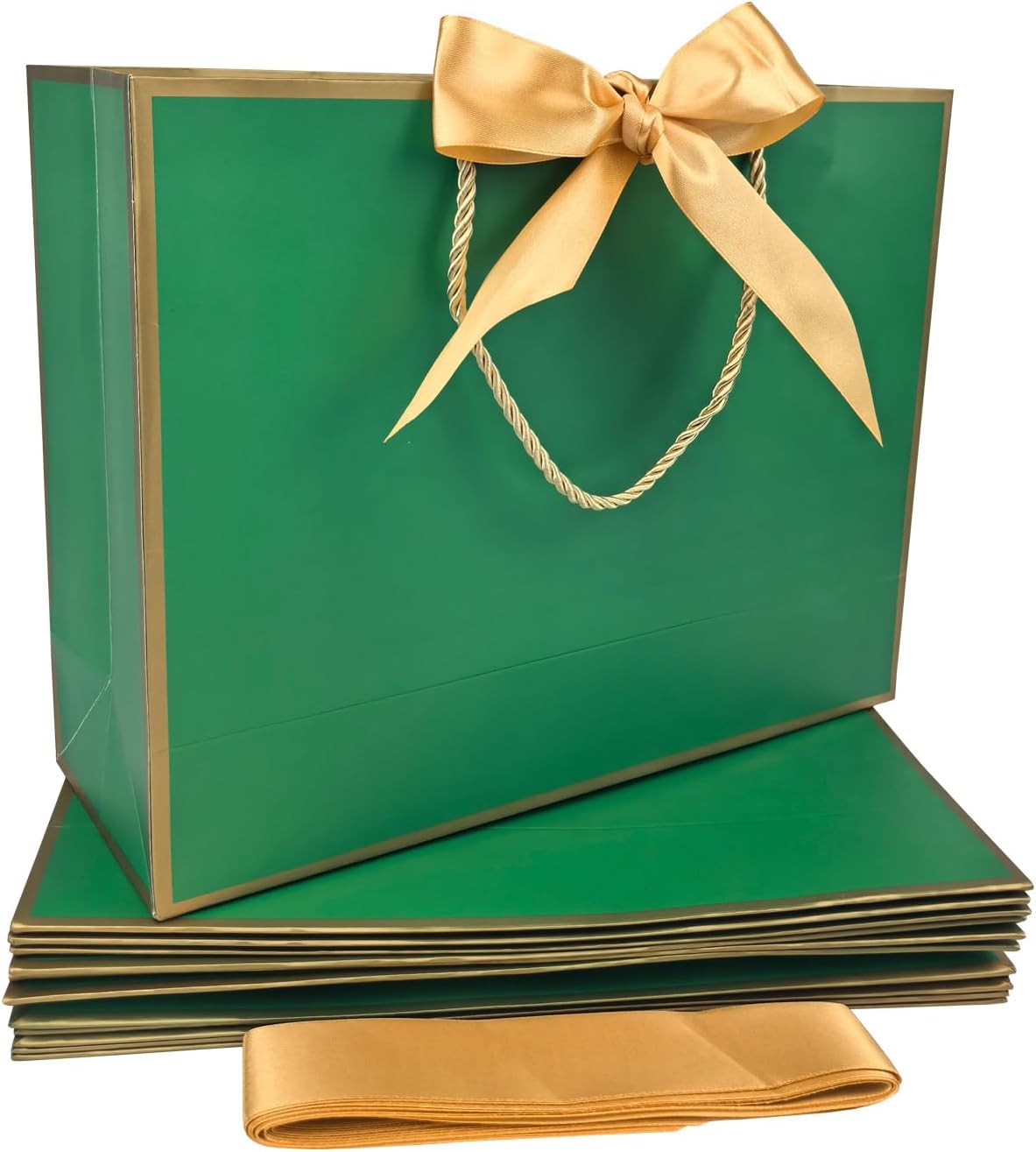 TKSBAG 12PCS Gift Bags Medium Size with Handles, 12.5 x 9.8 x 4.3 In Green Gold Thank You Bags with Bow Ribbon for Wedding, Birthday, bridesmaid, Party Favors, Thanksgiving, Christmas