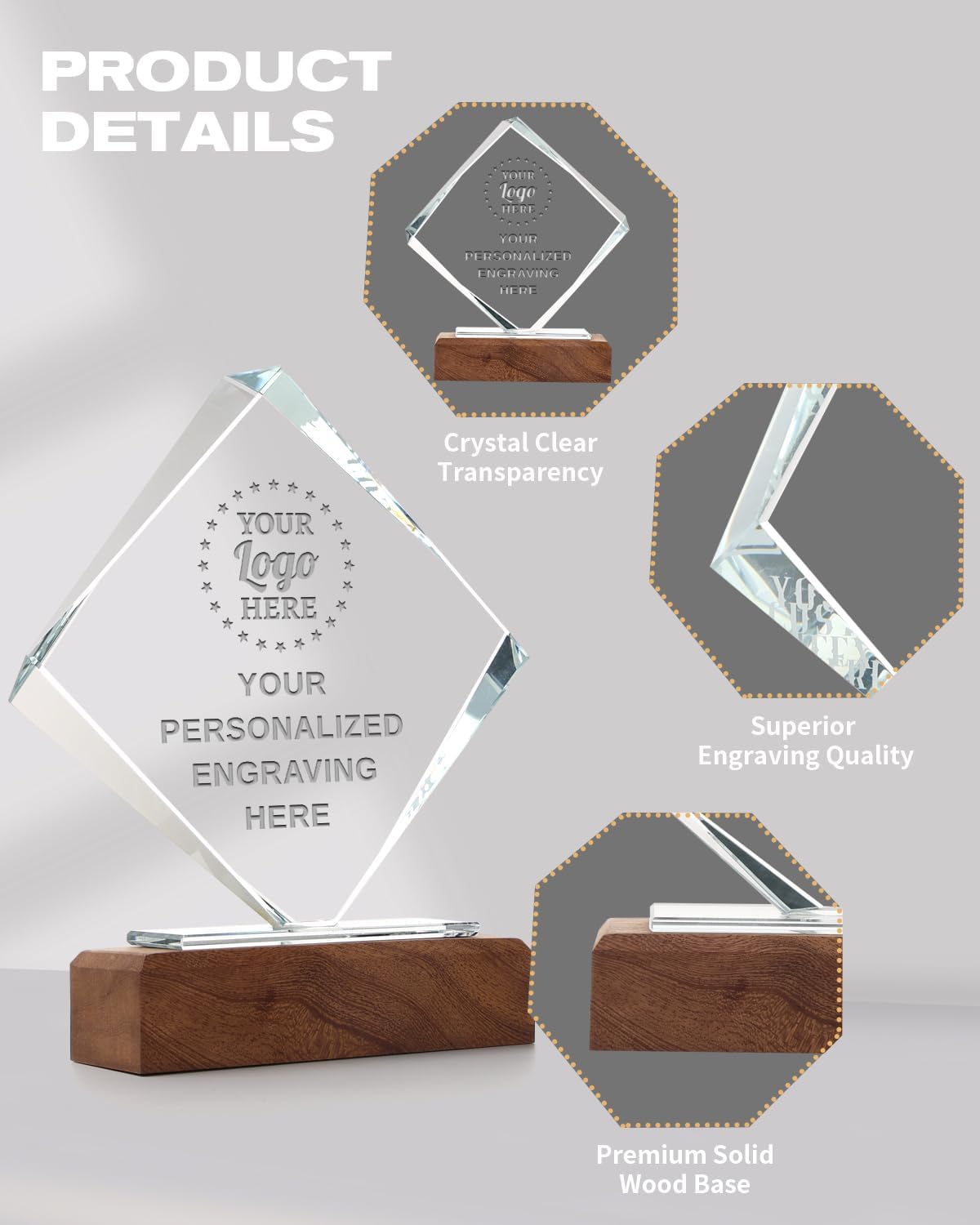 Personalized Crystal Trophy Award with Solid Wood Base - Custom Engraved Plaques for Employee Recognition, Sports Trophies, Thanks Gifts