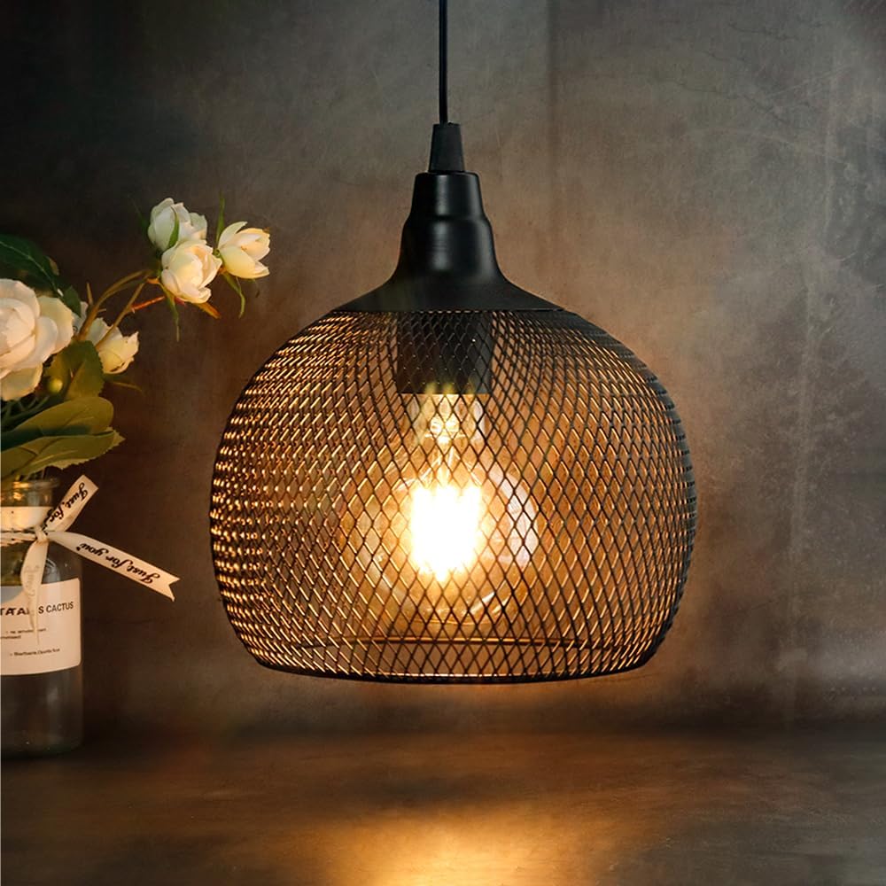 JHY DESIGN Hanging Lamp Black Battery Powered Decorative Pendant Lamp Metal Cage Battery Lamp with 6 Hours Timer for Bar Bedroom Garden Parties Patio Indoor Outdoor Living Room(Round)