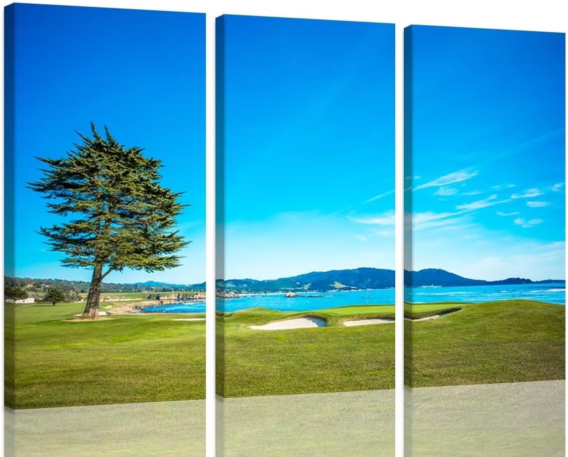chenchenArt Pebble Beach Golf Course 18th Hole Wall Decor Golf Course Canvas Wall Art for Living Room Bedroom Home Decorations Paintings Canvas Modern Artwork Framed Ready to Hang(14''W x 28''H x3)