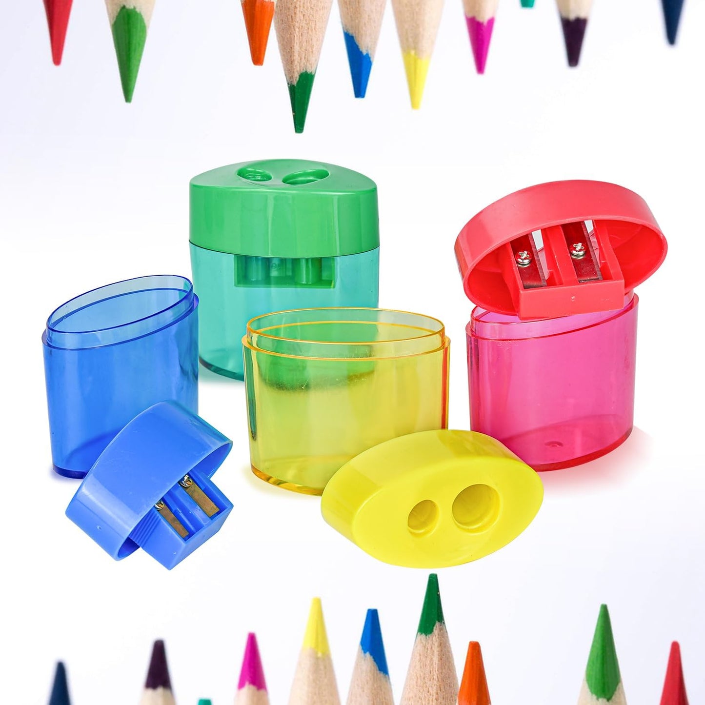 AUSTARK 24Pcs Pencil Sharpener Manual, Assorted Color Small Dual Hole Pencil Sharpeners Bulk with Lid for School Office Home (Oval-24)