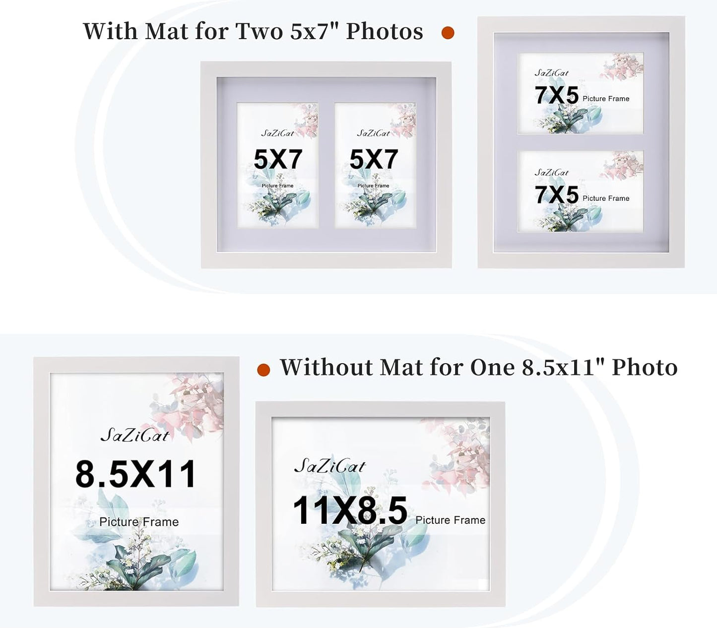 8.5x11 Pine Wood Collage Picture Frame Double 5x7 Picture Frame with Tempered Glass Fits 1Pc Certificate or 2Pcs 5x7 Photos With Mat For Tabletop or Gallery Wall Mounted-Bright White