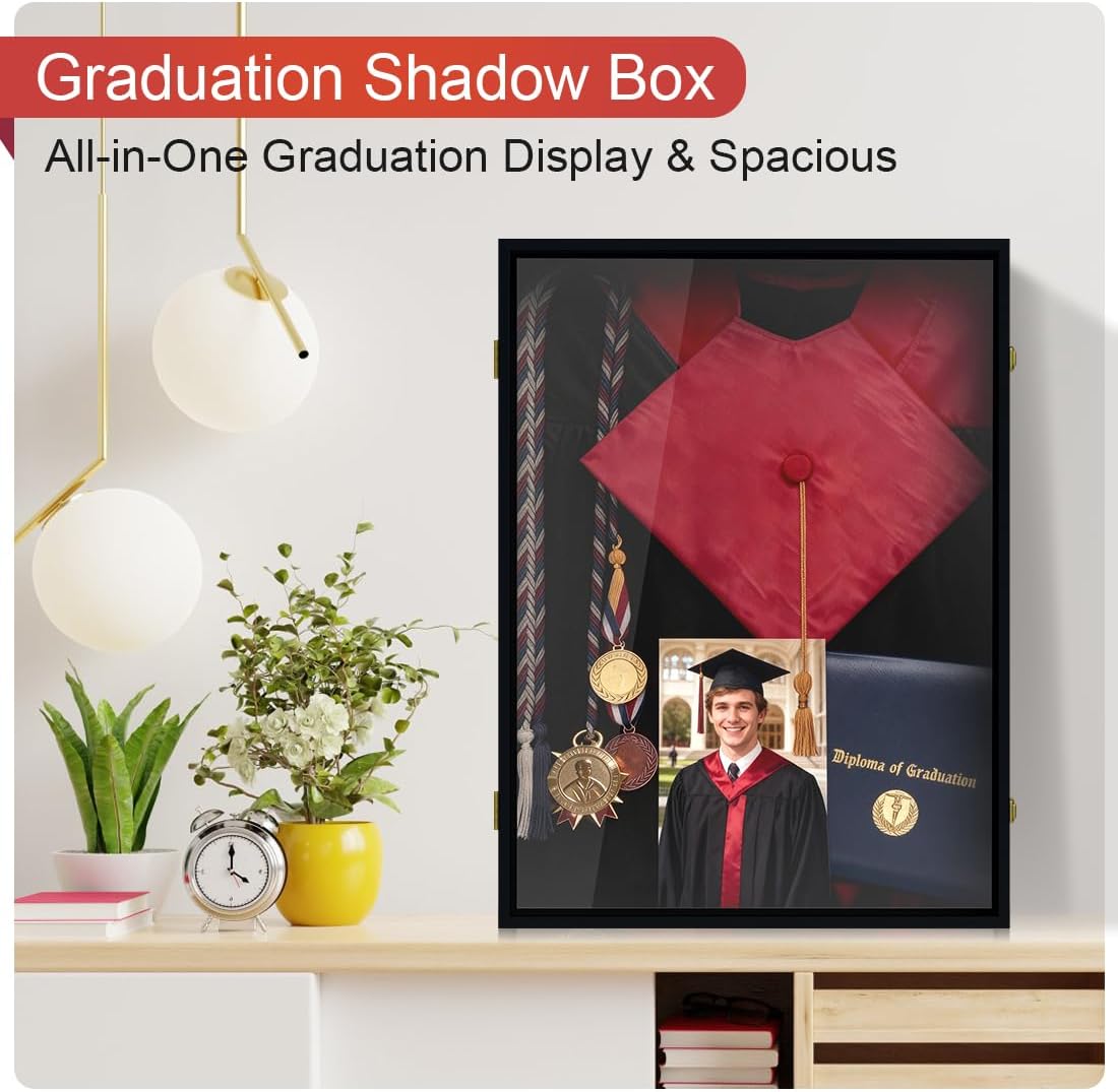 Graduation Shadow Box 17x23 Inch - Large Deep Display Frame for Cap, Gown, Diploma & Awards - College University Keepsake Memory Box in Black