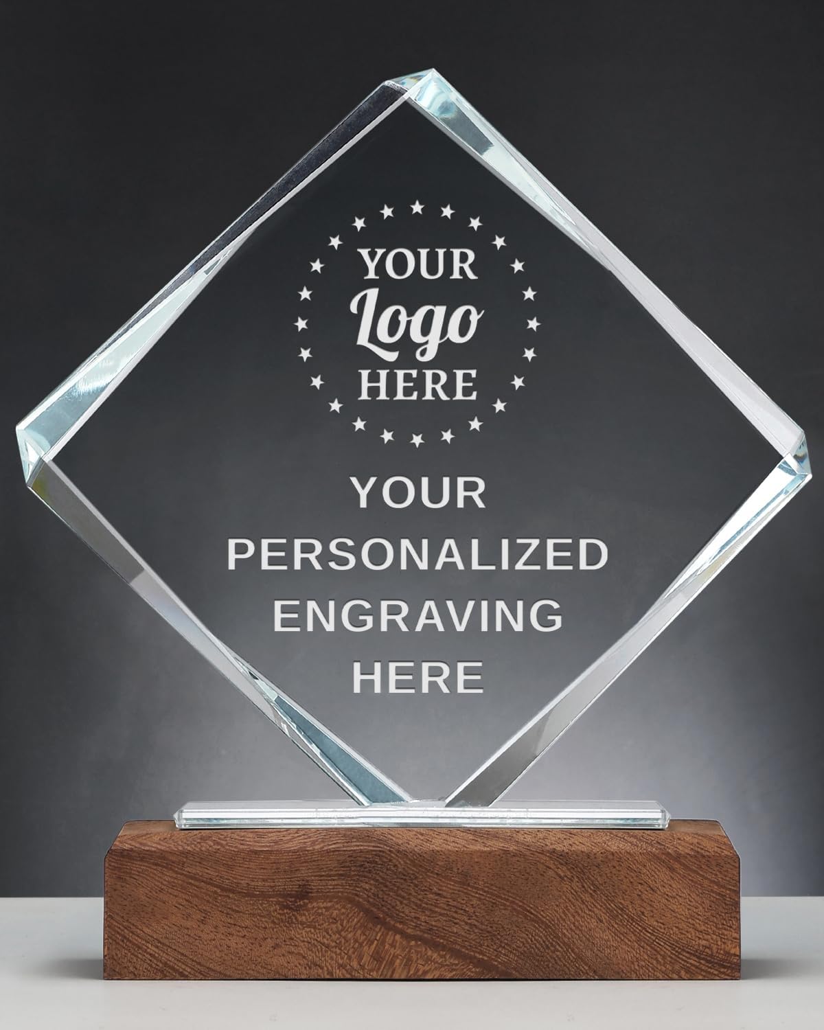 Personalized Crystal Trophy Award with Solid Wood Base - Custom Engraved Plaques for Employee Recognition, Sports Trophies, Thanks Gifts