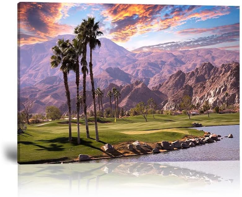 HJY Art USA California Golf Course Wall Art Golf Course Canvas Wall Decor Sunset Landscape Painting Poster for Home Decor Living Room Bedroom Office Club Gym Framed Artwork (18 x 24 inch)
