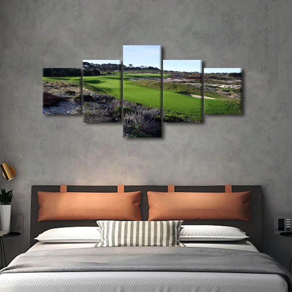 Golf Course Wall Art American Green Golf Course Scenery Family Canvas Wall Art Canvas Prints Gallery Wrap Modern Home Decor Artwork 5 Panels for Home and Office Framed Ready to Hang - 50"W x 24"H