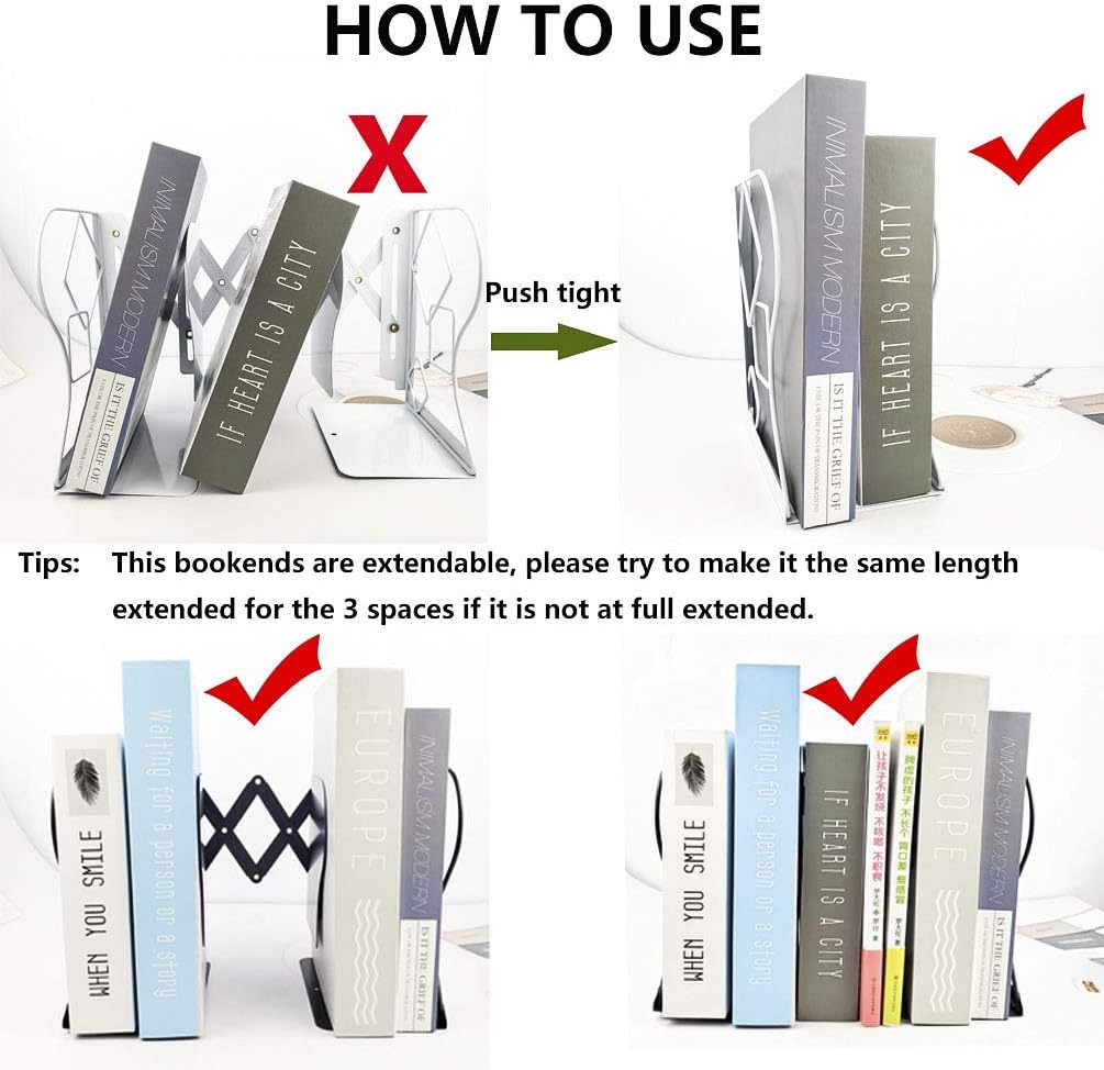 Adjustable Bookends - Nonskid Heavy Duty Book Ends for Desk - Book Stand & Organizer