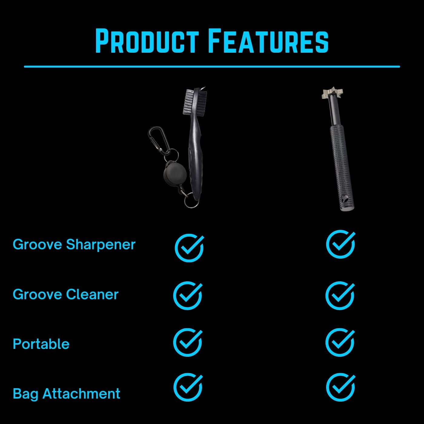 NuRich Golf Club Sharpener and Brush Cleaner Golfer Accessories Kit Comes with Wire/Nylon Brush, Iron Groove Sharpener, Retractable Zip-Line, and Golfing Carabiner for Golf Bag or Lanyard Attachment