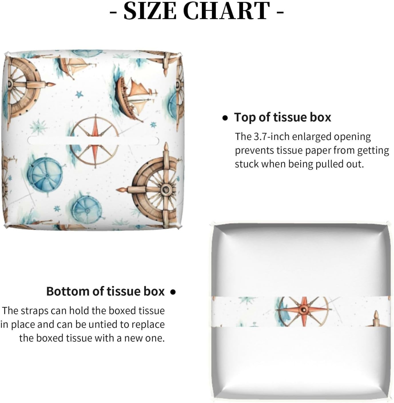 Tissue Box Cover Nautical Ocean Anchor Compass Ship Square PU Leather Tissue Box Holder for Car Bathroom Bedroom Desk Tabletop Decor