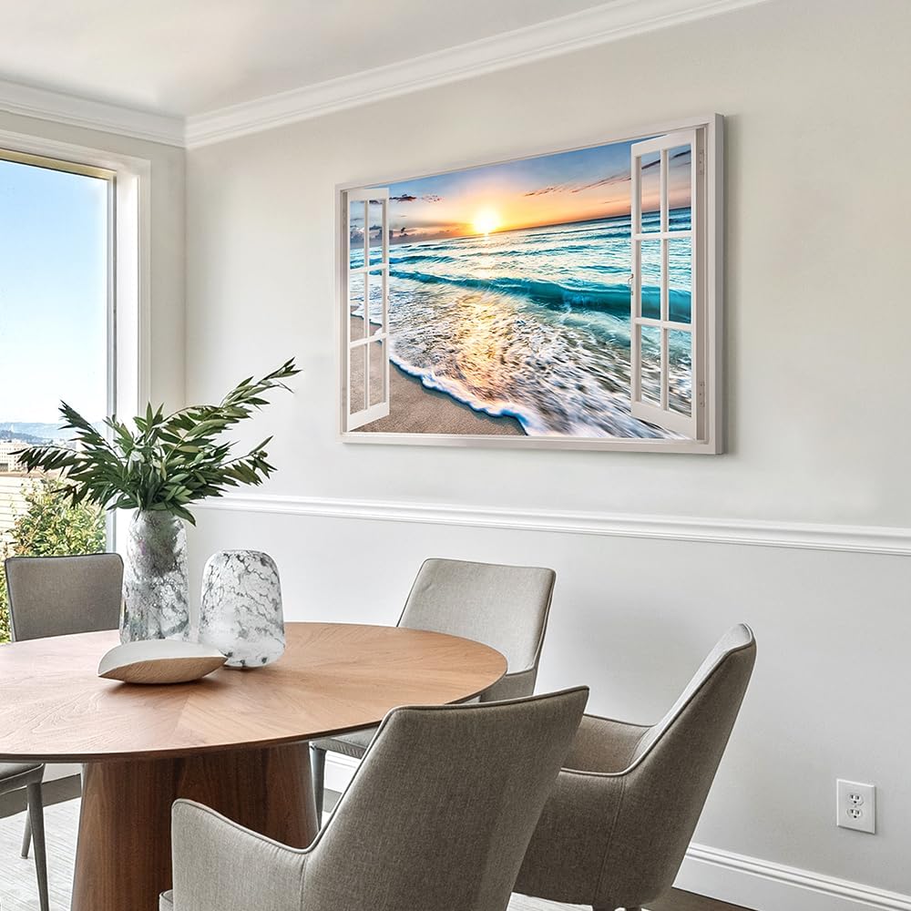 beach canvas window wall art: beach picture coastal artwork seascape ocean scene prints - looking out fake window wall decor for bedroom 45"x30"