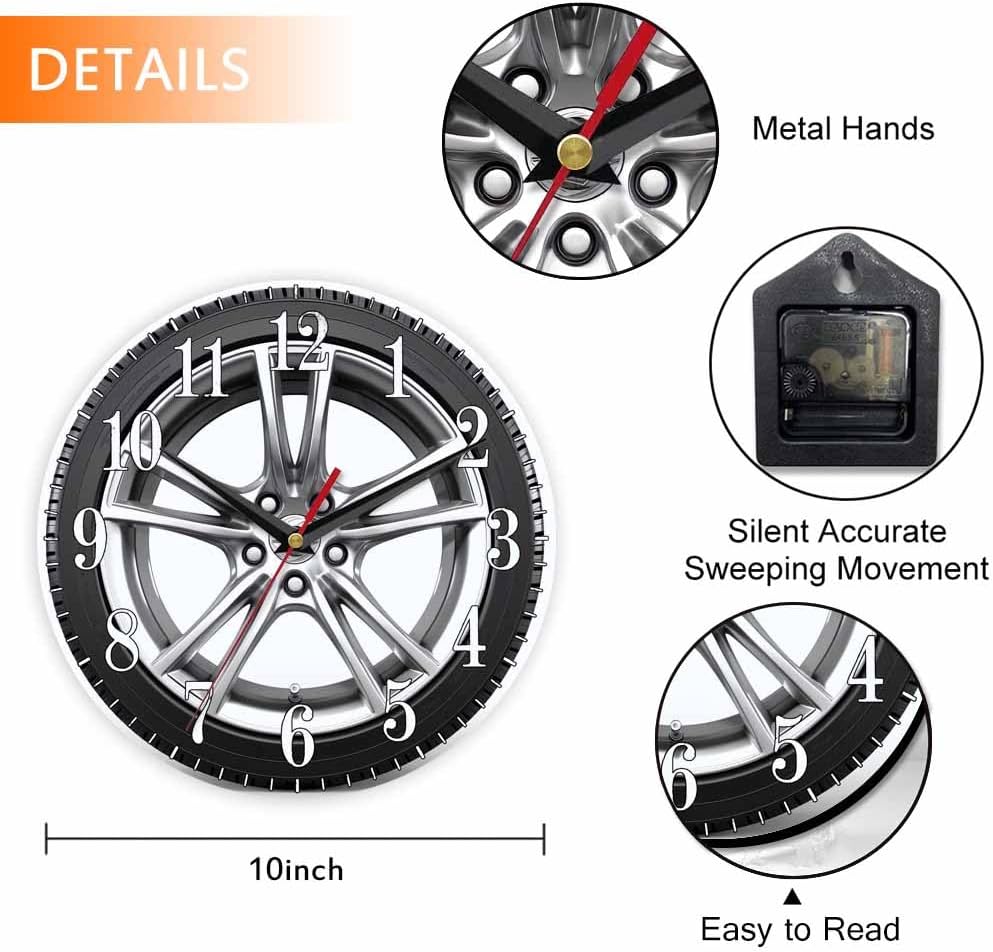 Mxocom Wheel Wall Clock Modern Car Wheel Black Tyre 10 Inch Silent Non Ticking Battery Operated Clock Vintage Round Clock for Living Room Bedroom Bathroom Office Decor