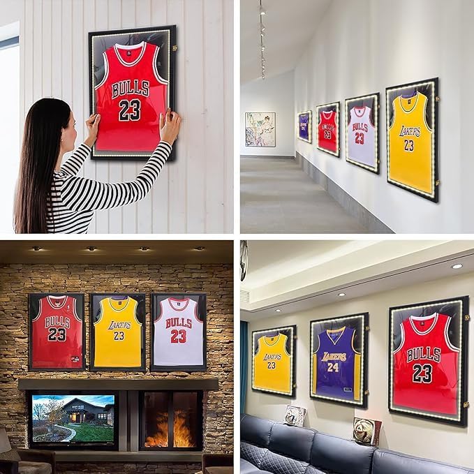 Nice C Jersey Frame Display Case with Lights, Jersey Shadow Box Display Case, Football Jersey Display Case with LED, 98% UV Protection, Valet Pinboard, Acrylic, Basketball (LED 3 Pack)
