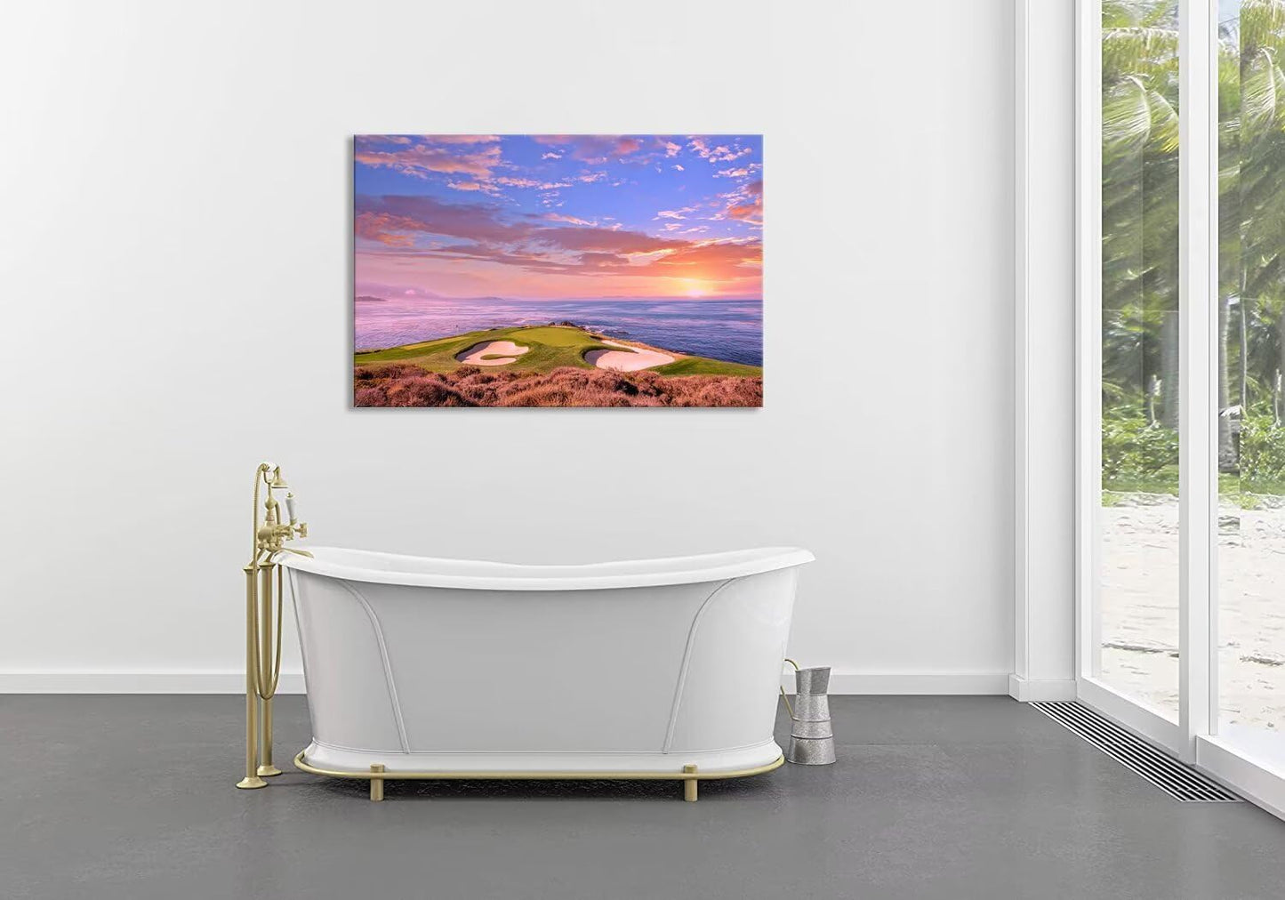 Pebble Beach Golf Course Hole 7 Wall Art Prints - Monterey California USA Golf Course Canvas Wall Art for Living Room Bedroom Bathroom Home Decorations Gifts Framed Ready to Hang(18''H x 24''W)