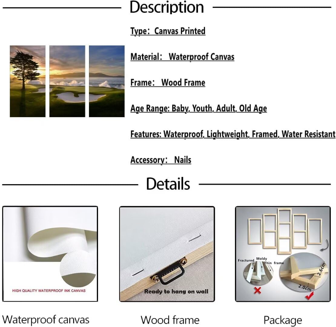 Pebble Beach Golf Course Wall Art Pictures Golf Wall Decor for Living Room Bedroom Home Decorations Golf Course Posters Framed Artwork Canvas Prints Ready to Hang(14''W x 28''H x3)