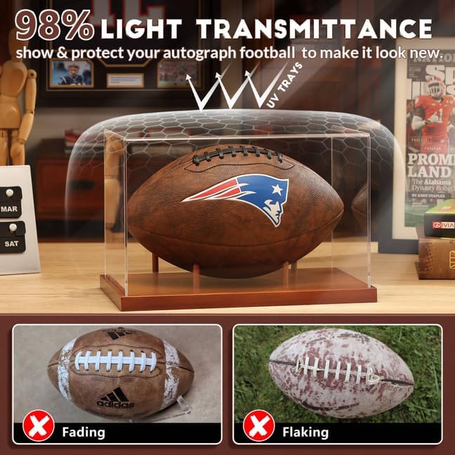 JupDec Football Display Case Full Size, Acrylic Clear Box with Wood Stand, UV Protected Memorabilia Holder, for Football Fans & Collectors, Sports Collectibles, No Assembly Required