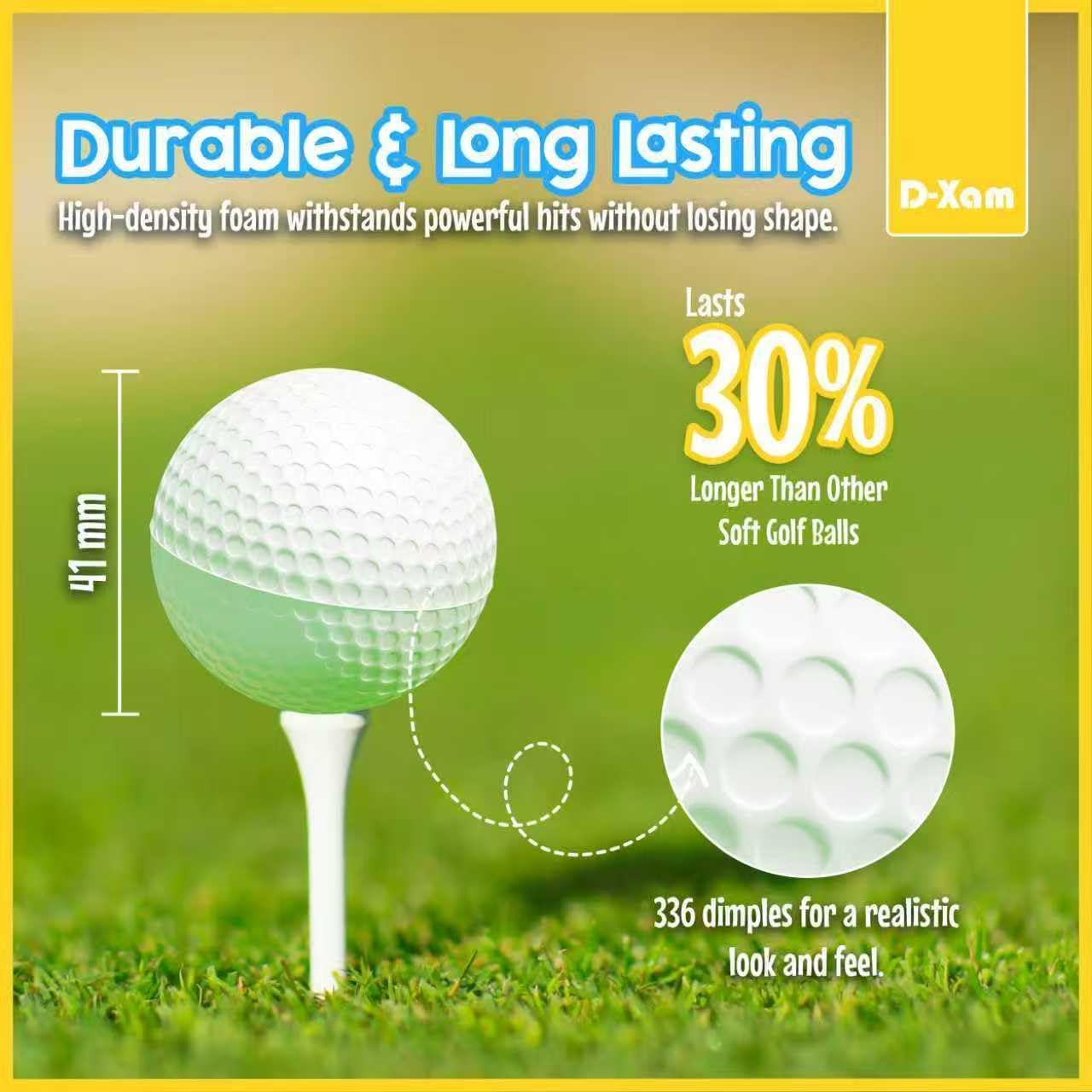 D-Xam Foam Golf Balls Bulk Practice Golf Ball Soft Multicolor, Yellow, White or Orange | Long Lasting & Realistic Feel | Limited Flight Use Indoors Outdoors Backyard Training