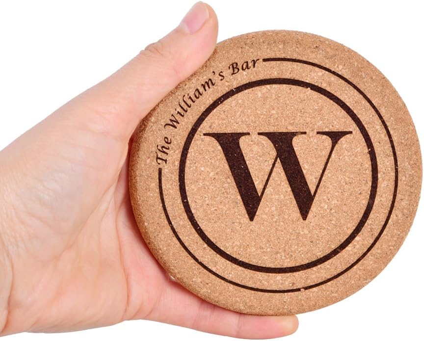 Personalized Cork Coasters for Drinks, Custom Engraved Absorbent Heat & Water Resistant Coasters for Cups and Mugs (W)