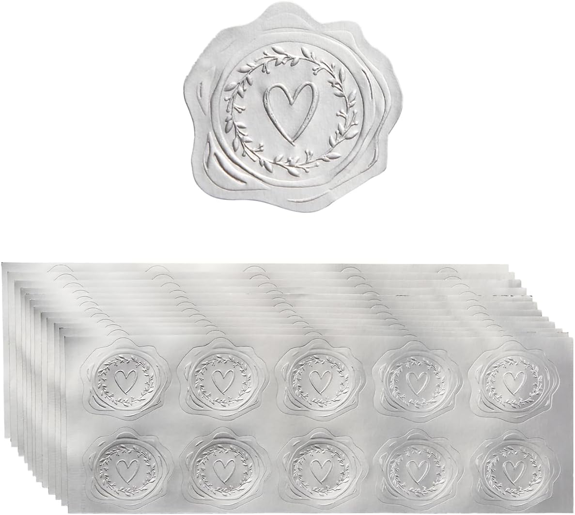 300 Pieces Embossed Silvery Foil Stickers for Envelopes, Wedding Invitations, Christmas Greeting Cards Envelopes (Silvery Heart-Love)
