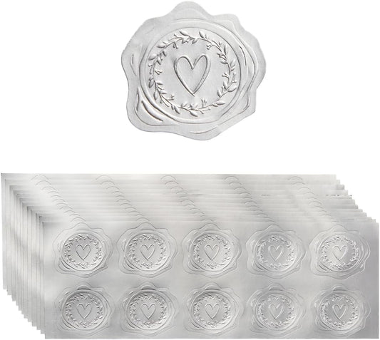 300 Pieces Embossed Silvery Foil Stickers for Envelopes, Wedding Invitations, Christmas Greeting Cards Envelopes (Silvery Heart-Love)