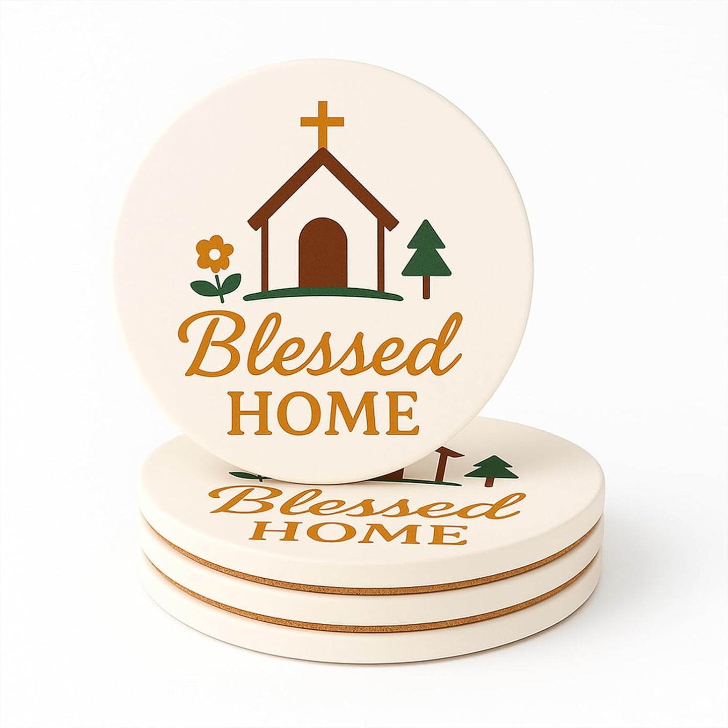Blessed Home Christian Absorbent Ceramic Coasters Set of 4 with Non-Slip Cork Backing, Religious Faith Stone Drink Coasters for Coffee Table, Kitchen, Dining Room, Housewarming, Church Decor