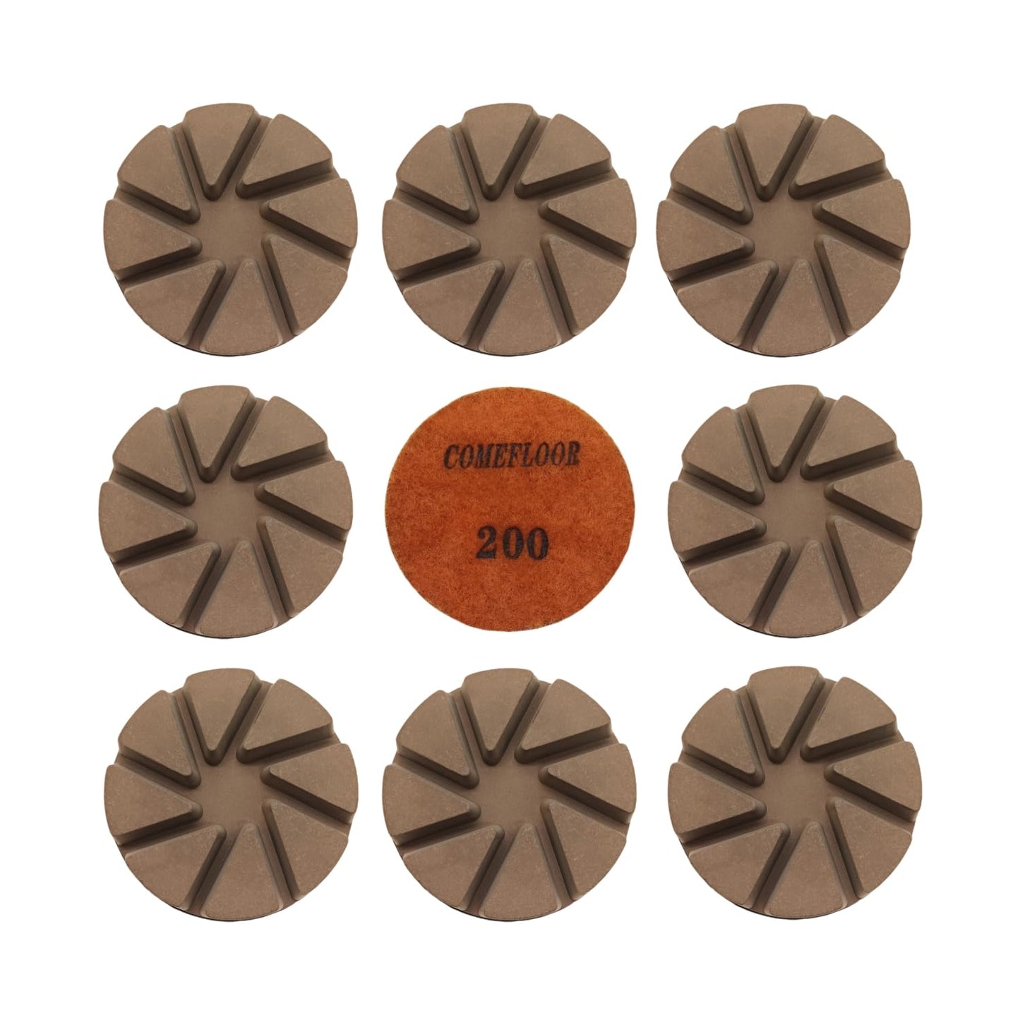 Hybrid Diamond Ceramic Polishing Pucks, Aggressive Concrete Terrazzo Floor Hook n Loop Grinding Pads, 3 Inch Long Using Life Transitional Discs,200# 9PCS