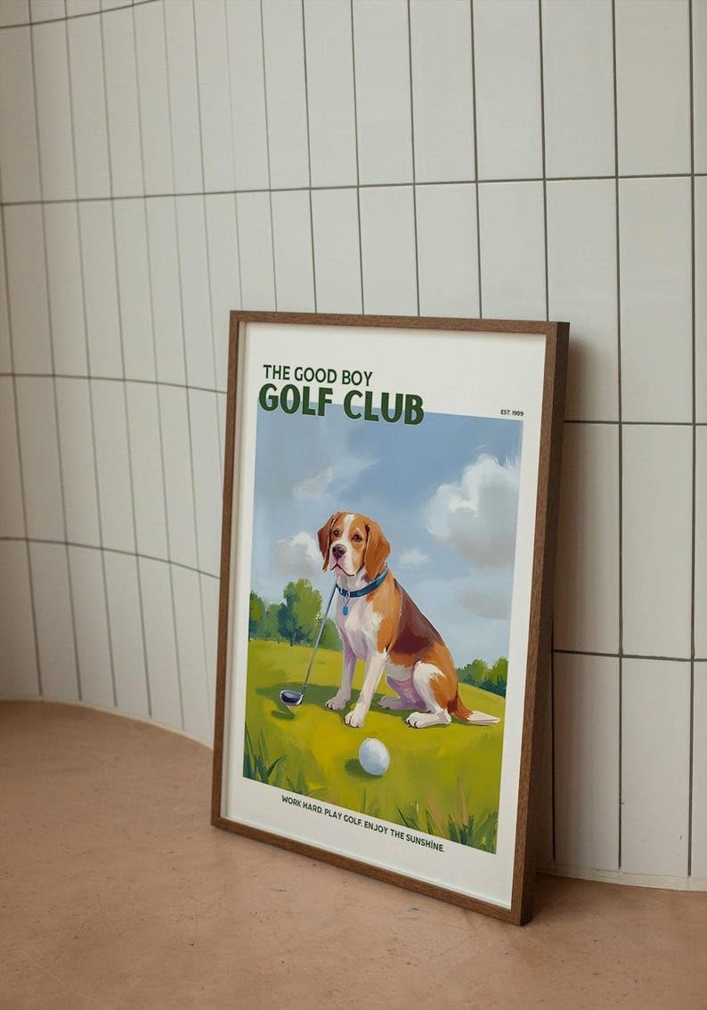 Good Boy Golf Club Poster, Beagle Dog on Golf Course Wall Art, Retro Oil Painting Style Golf Print, Funny Sports Decor, Unique Golf Course Poster for Collectors and Sports Fans (Unframed) (20x30)