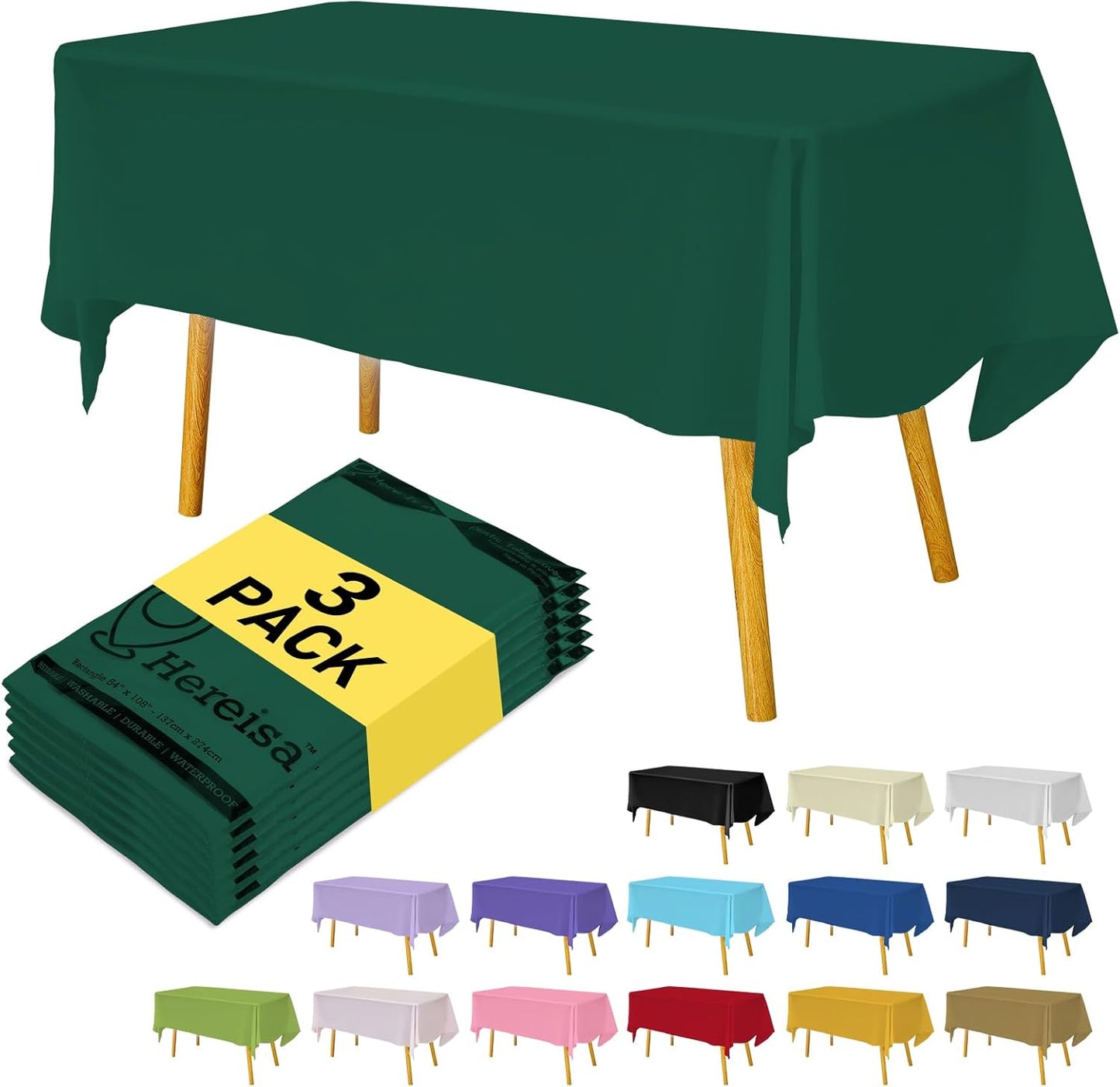 Plastic Dark Green Tablecloths 3 Pack Forest Green Disposable Table Covers 54" x 108" Hunter Green Table Cloths for Tropical Tiki Luau Parties Birthdays Christmas, Fits 6 to 8 Foot Rectangle Tables