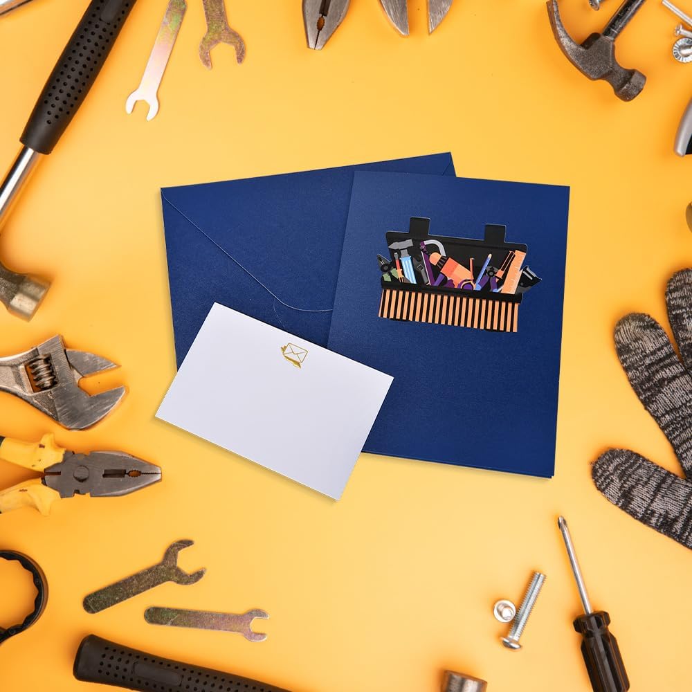 3D pop-up greeting card, hollowed out paper carving design,pop-up display Toolbox Greeting Card - Screwdriver/Toolbox Embossed Mechanical Wind Father's Day/Engineer Creative Gift Card- with envelope and blank label(Toolbox)