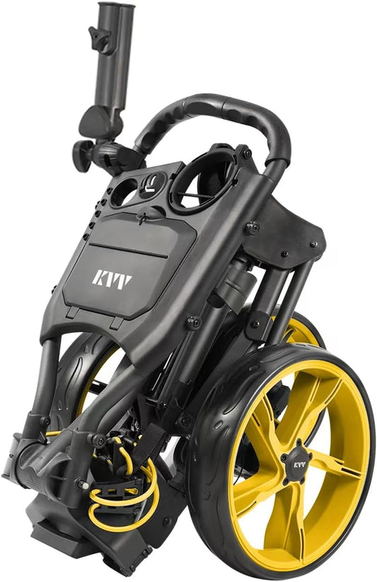 KVV 3 Wheel Golf Push Cart Ultra Lightweight Smallest Folding Size, New-Version Scorecard Holder