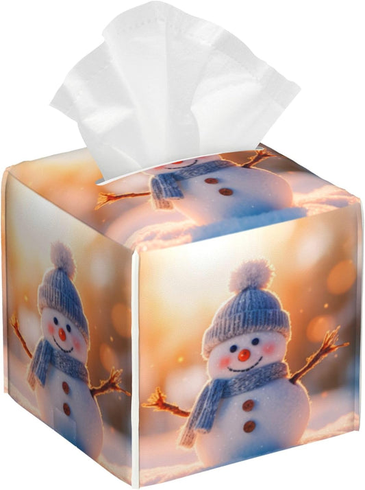 Cute Christmas Snowman Tissue Box Cover Square,Winter Christmas Snowman Tissue Box Holder Waterproof Leather Facial Paper Organizer Dispenser for Bathroom Home Car Nightstand Vanity Desk
