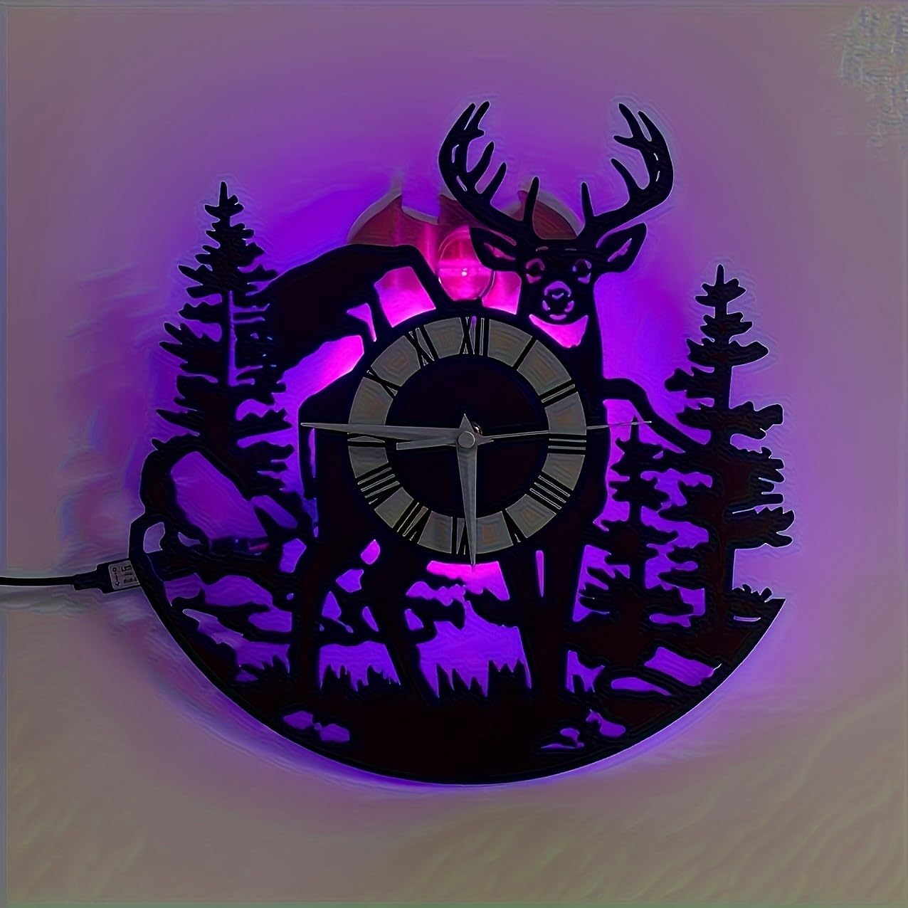 LED Backlit Wall Clock, Forest Wildlife Deer Scene, Color-Changing Night Light, 12-inch Roman Numeral Display
