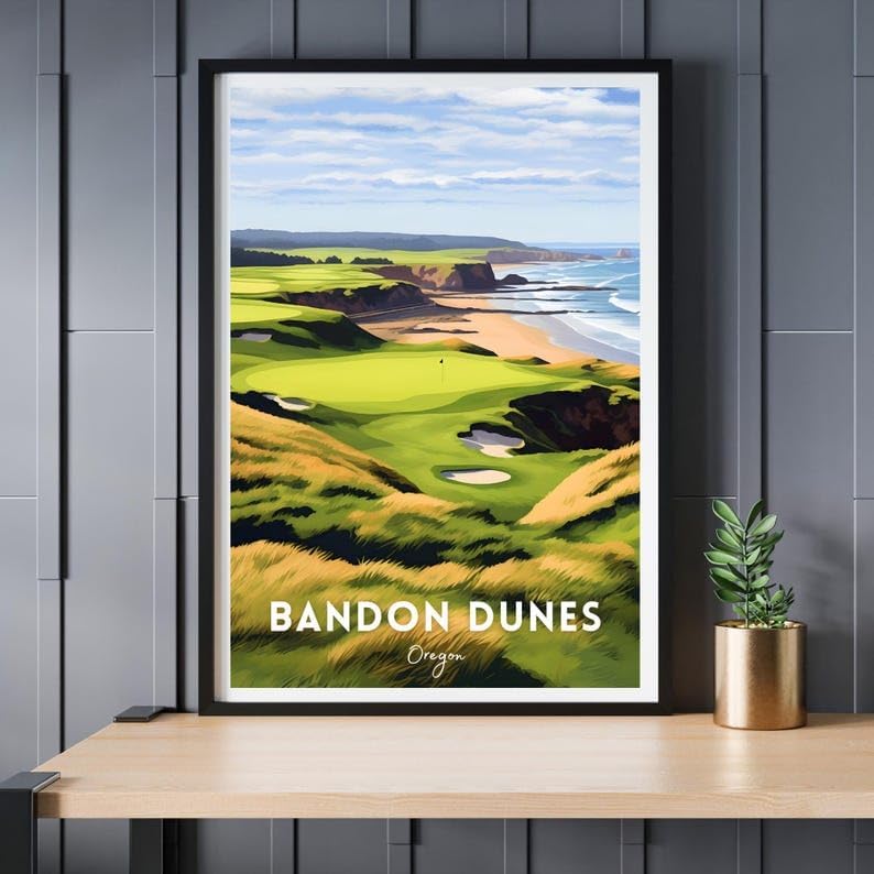 Nationcog Bandon Dunes Golf Wall Art Poster, Oregon Coastal Course Print with Rugged Ocean Views, Vintage Decor for Office or Bedroom, Ideal Gift for Dad or Husband (Unframed) (24x36)