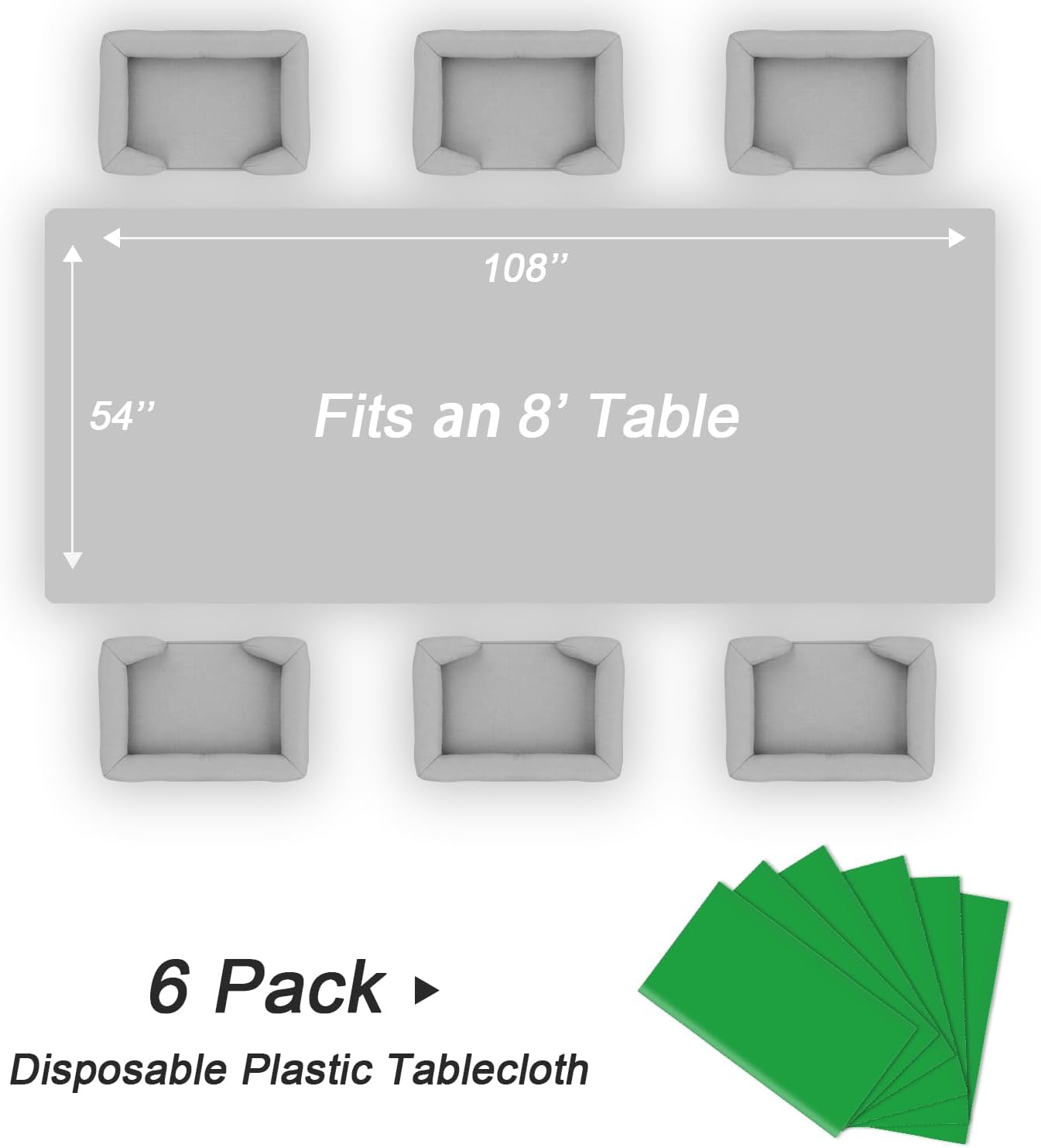 QIKSION Plastic Table Cloth Disposable 6 Pack, 54 x 108 Inch Tablecloths for Rectangle Tables, Green Plastic Table Cover