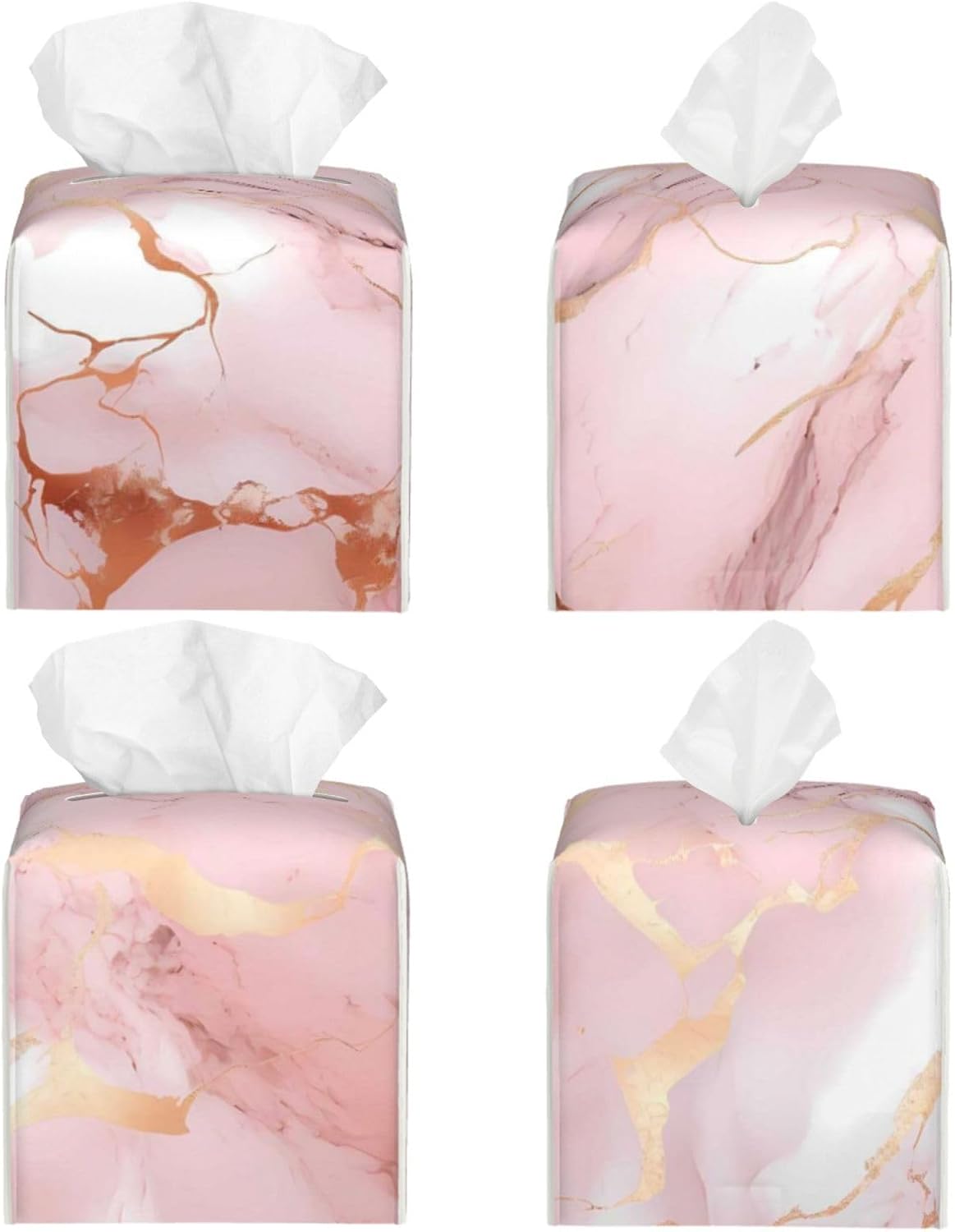 Tissue Box Cover Pink Rose Gold Marble Print Square PU Leather Tissue Box Holder for Car Bathroom Bedroom Desk Tabletop Decor