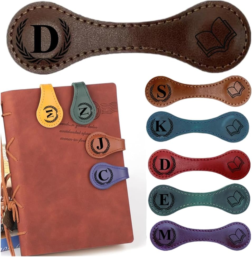 Personlized Magnetic Leather Bookmarks with Initials, Customized Book Marks Clip 26 Letters Bookmark for Reading Women, Men, Kids,Cute Book Markers Meaningful Gift for Book Lovers (Dark Brown, D)