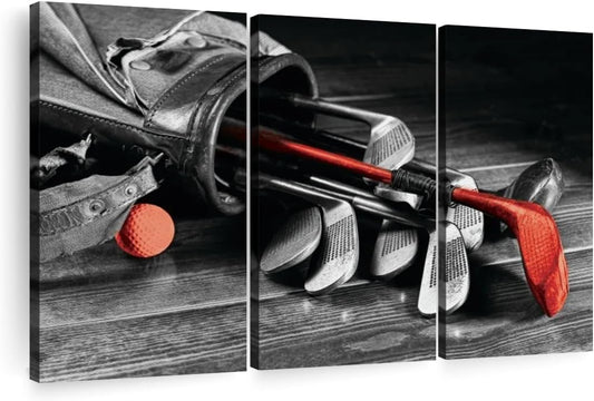 ElephantStock Golf Equipment Pop Wall Art - Horizontal Canvas - 3-Piece Living Room Wall Decor - Photography Sports Canvas Print - Black and Gray Decor for Wall - 65" X 42"