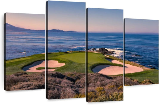 Elephant Stock Pebble Beach Golf Club Wall Art - Horizontal Canvas - 4-Piece Living Room Wall Decor - Luxury Photography Canvas Print - Beige and Blue Decor for Wall - 84" X 54"