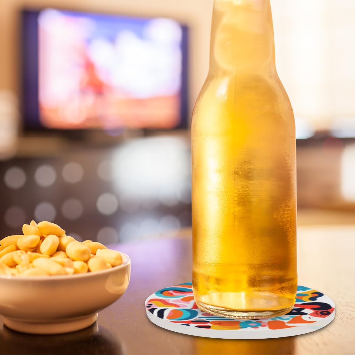 Ceramic Coasters for Drinks with Cork Back, Colorful Abstract Shapes 4 Inch Absorbent Coaster Set 2 Pack, Quick Dry Non-Slip Coaster Mats for Home, Office, Bar