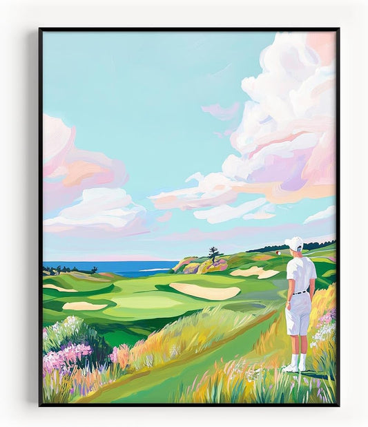 Golf Course Floral Pastel Art Print Posters - Premium Giclee Fine Art Prints - Golf Course Home Decor Posters, Golfer Art Prints for Home and Office Decor - Vintage Aesthetic, Ready to Frame