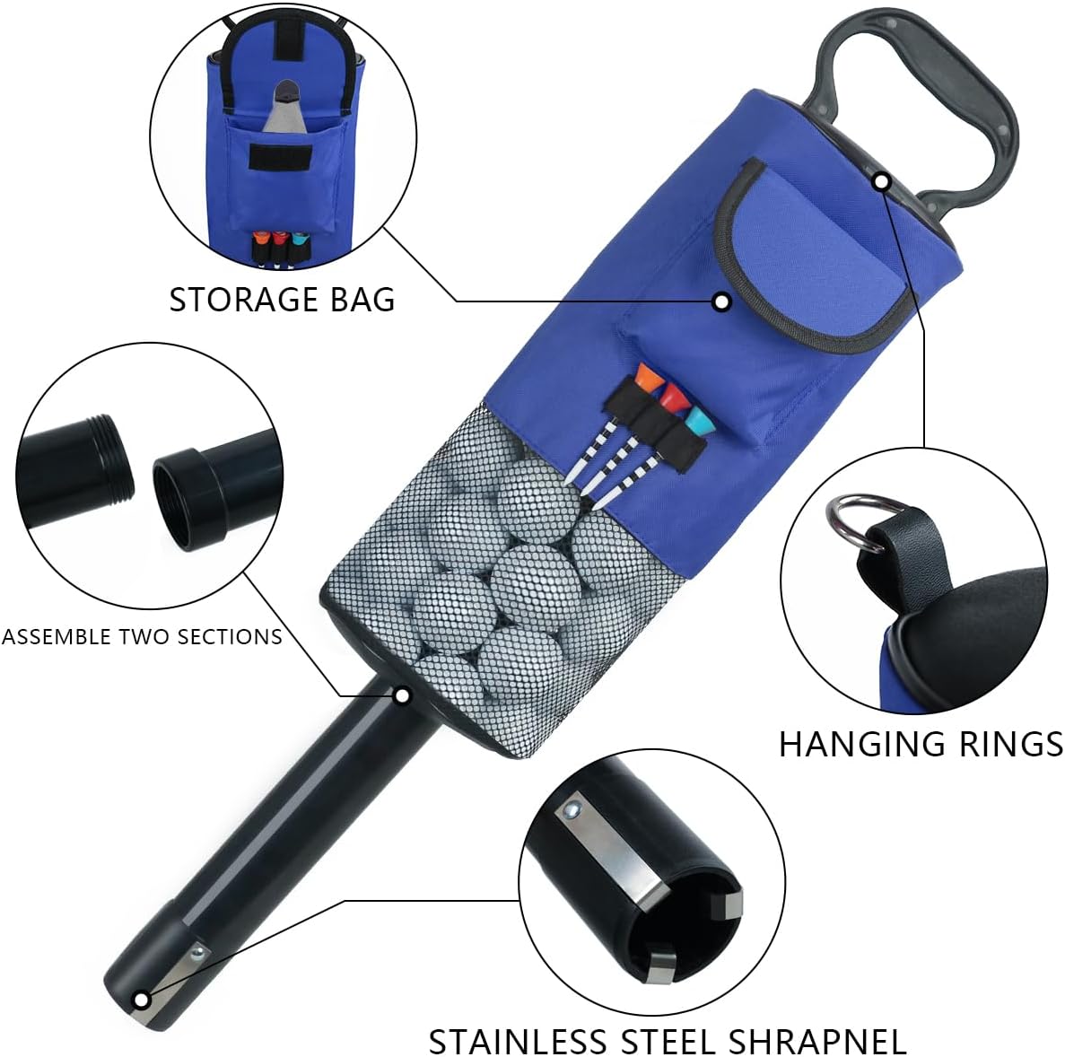 HOW TRUE Golf Ball Retriever, Portable Shag Bag Golf Ball Pick Up with Removable Plastic Tube, Pocket Shagger Storage