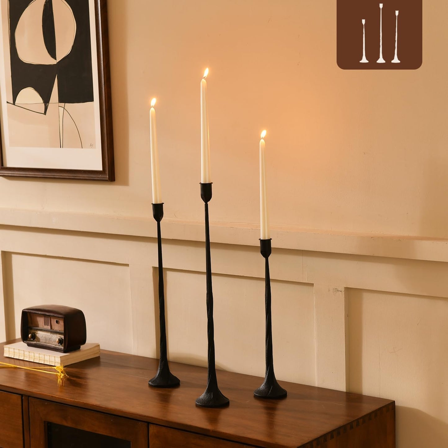 Iron Black Candlestick Holders, Set of 3 Candle Stick Holders,Fits 3/4 inch Thick Candle&Led Candles, Vintage Modern Decorative Centerpiece for Dining Table Centerpiece, Wedding, Party Decor