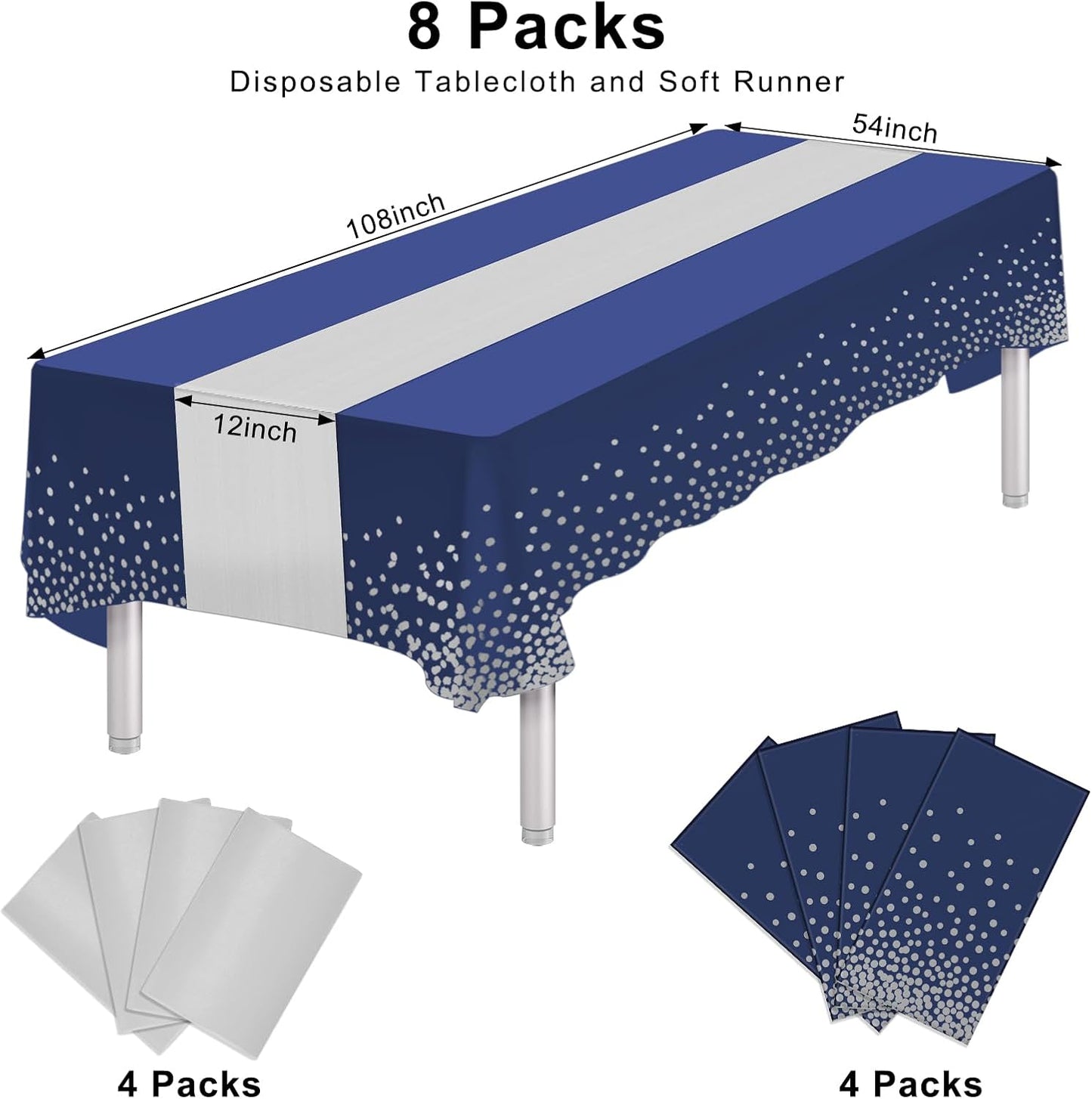8 Packs Disposable Rectangle Tablecloth and Satin Table Runner, Blue and Silver Plastic Table Cloths for Parties Table Cover for Baby Shower Birthday Wedding Anniversary Holiday Party Decorations