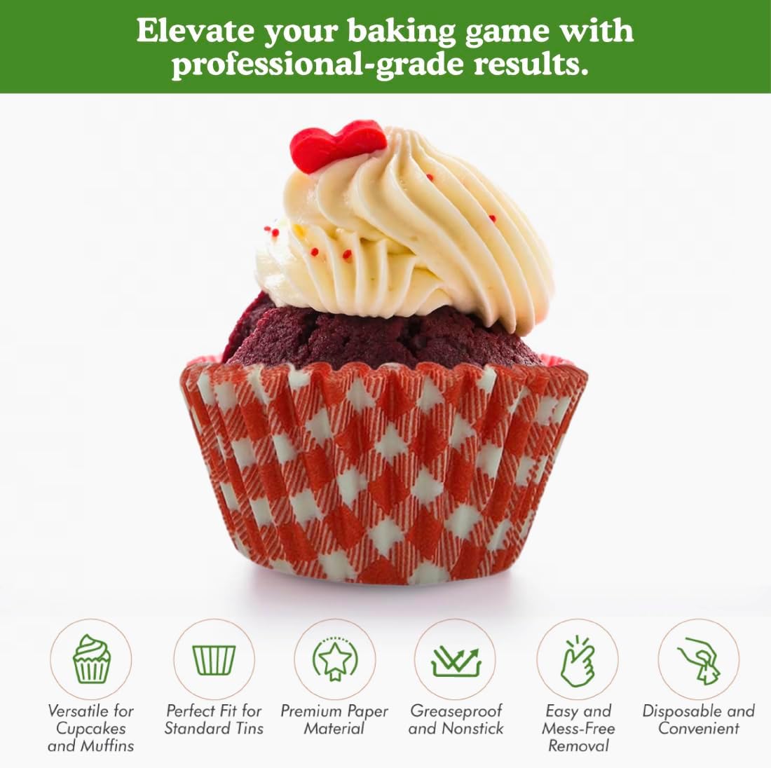 Regency Wraps Greaseproof Professional Grade Baking Cups, Pack of 40, Standard Liners, Red Gingham, for Cupcakes, Muffins, Candy, Non Stick