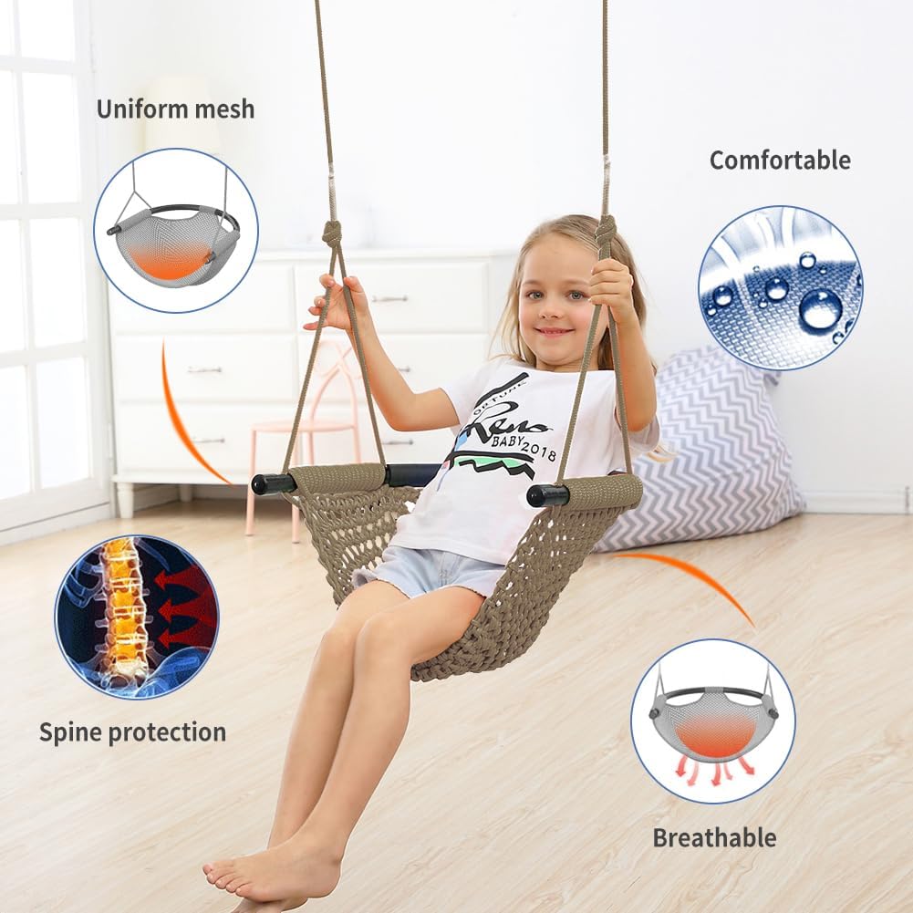 Hand-Knitting Toddler Swing, Swing Seat for Kids with Adjustable Ropes, Little tikes Swings Set, for Outdoor Indoor, Playground, Backyard (Light Brown)