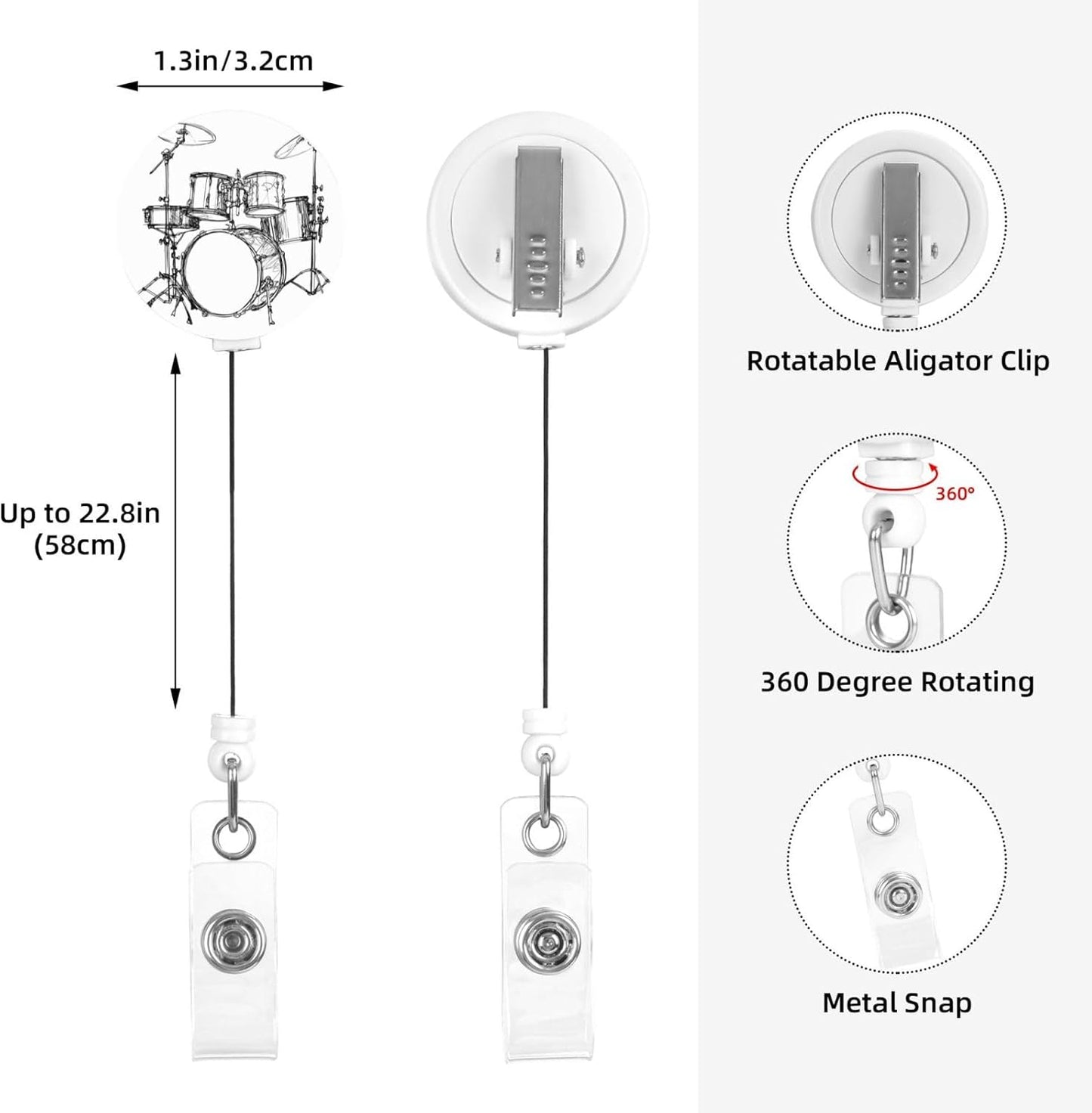 Music Drum Rock Jazz Badge Reels Retractable Badge Holder with Clip for Id Name Tag Office Worker Student Teacher Nurse Doctor