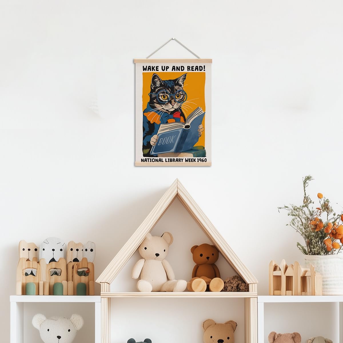 Funny Reading Cat Poster Hanger, Reading Nook Library Decor Wall Decor, Educational Posters Wall Art Wall Hanging Banner Farmhouse Classroom Bedroom Reading Room Apartment Home Decor