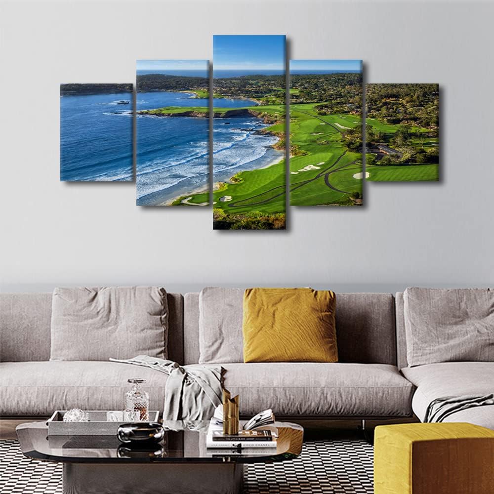 Pebble Beach Golf Course Canvas Print Pictures Framed Modern Modern Paintings on Canvas Posters and Prints Wall Art for Living Room Bedroom Home Decor Gallery-wrapped Art 5 Pieces Set (60" W x 32" H)