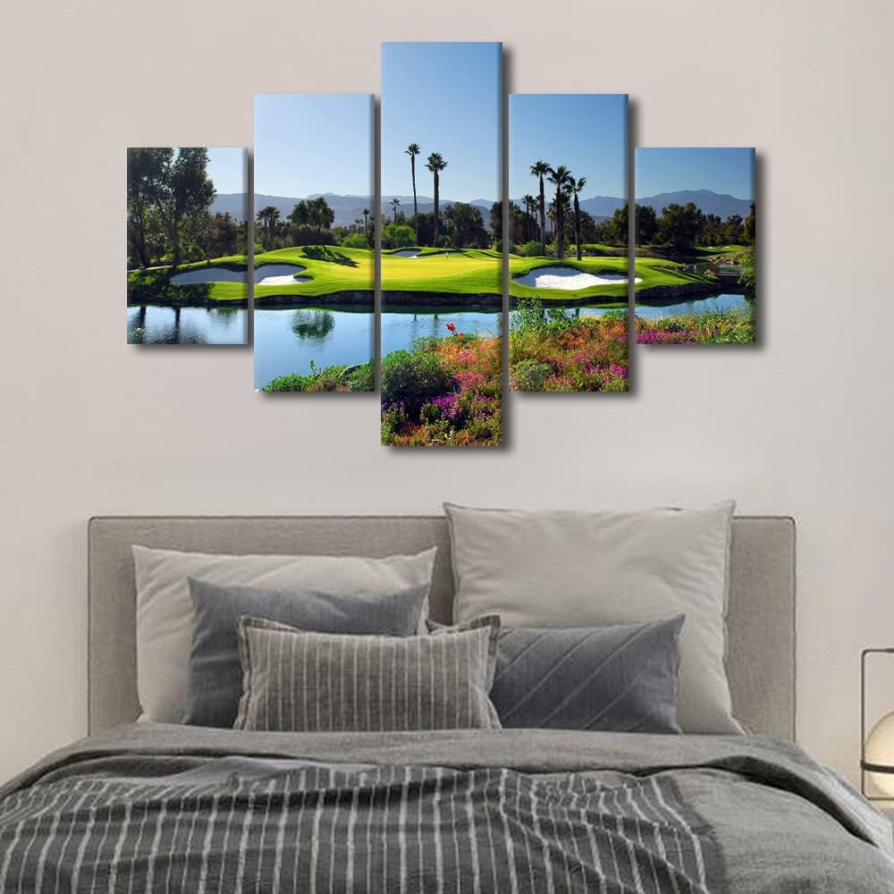 Golfer Pictures for Living Room Golf Course Scenery Paintings Golf Course Artwork 5 Piece Prints Wall Art on Canvas Modern House Decorations Gallery-Wrapped Framed Stretched Ready to Hang - 60"Wx40"H
